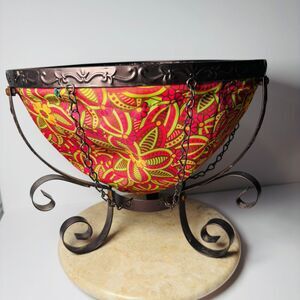 Retro Floral 11" Bronze Pedestal Planter‎ Pot Fabric Lined Pink Green